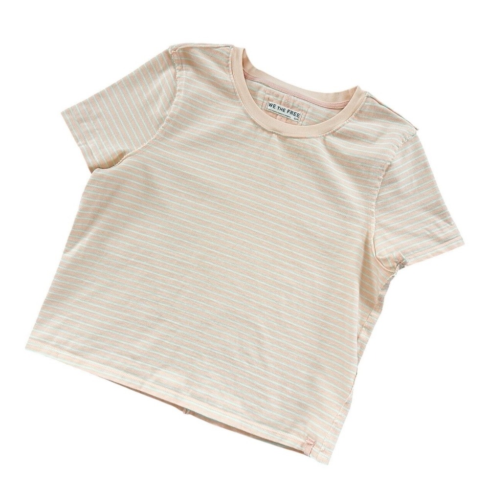 We The Free Baby Tee T Shirt Striped Peach‎ Mint Size S Boxy 100% Cotton Staple - Picture 5 of 11